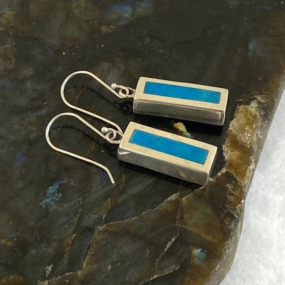 Sterling Silver 925 1.64" Rectangular Simulated Turquoise Dangle Earrings - Picture 5 of 16